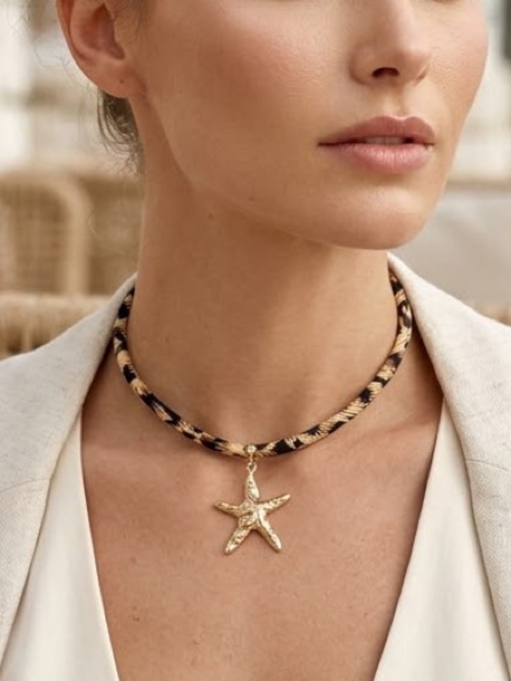 Gold Starfish Pendant Animal Print Choker Necklace